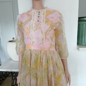 Vintage Floral Sheer Dress with Lace Trim